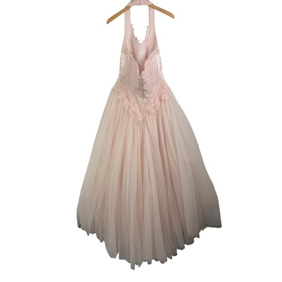 14W Davids Bridal Pink Halter Formal Gown Bead Floral Lace Tulle Dress 96280 - Picture 5 of 12